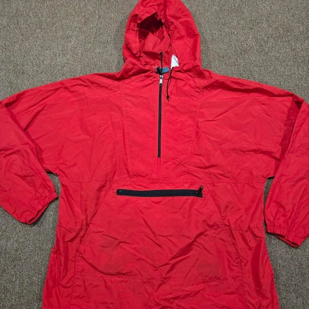 Vintage Woolrich Anorak Jacket Mens L Red Half Zip Hooded Pocket Windbreaker